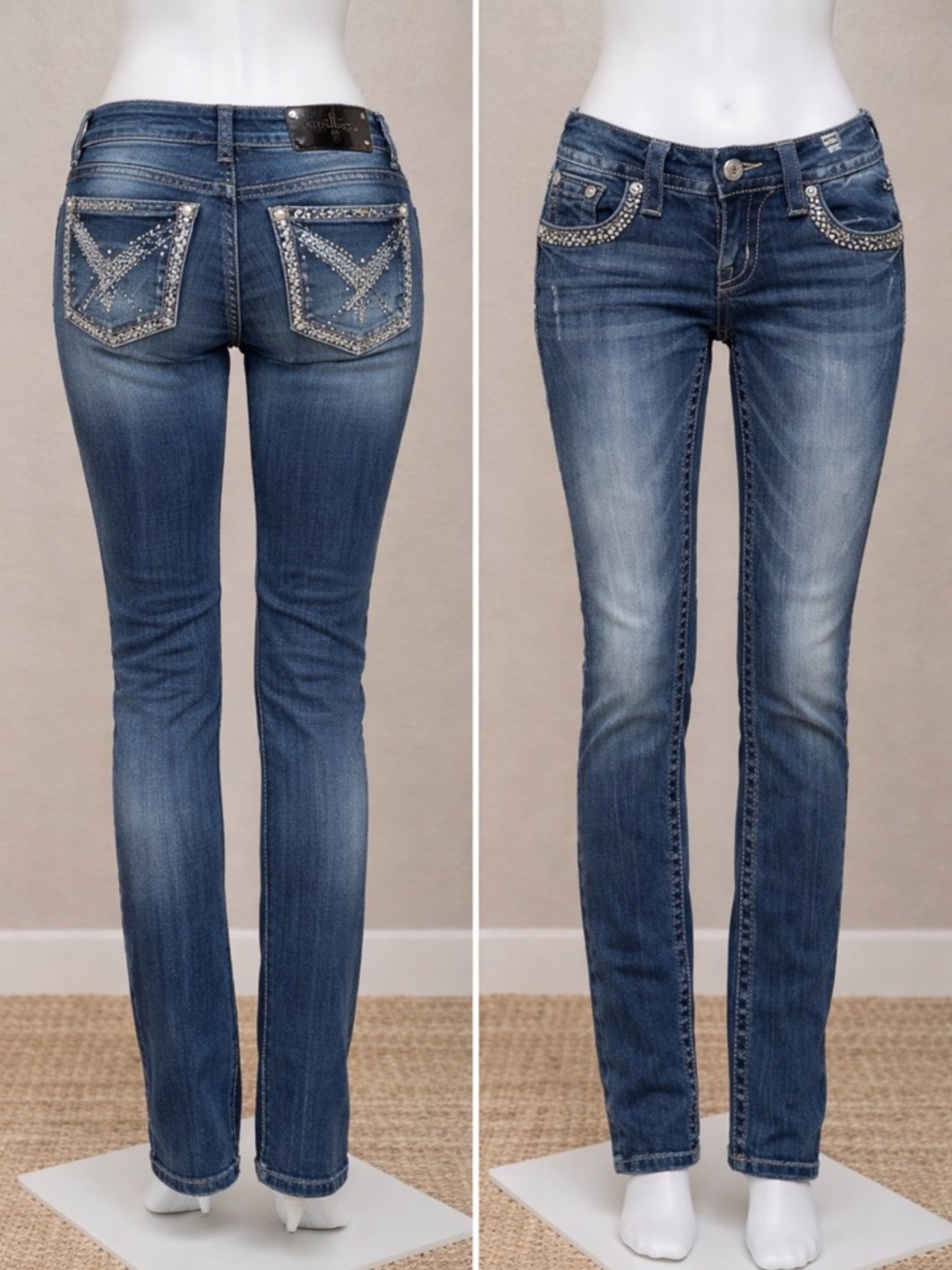 Women's Skinny Jeans in Medium Blue with Embellished Pocket Detail